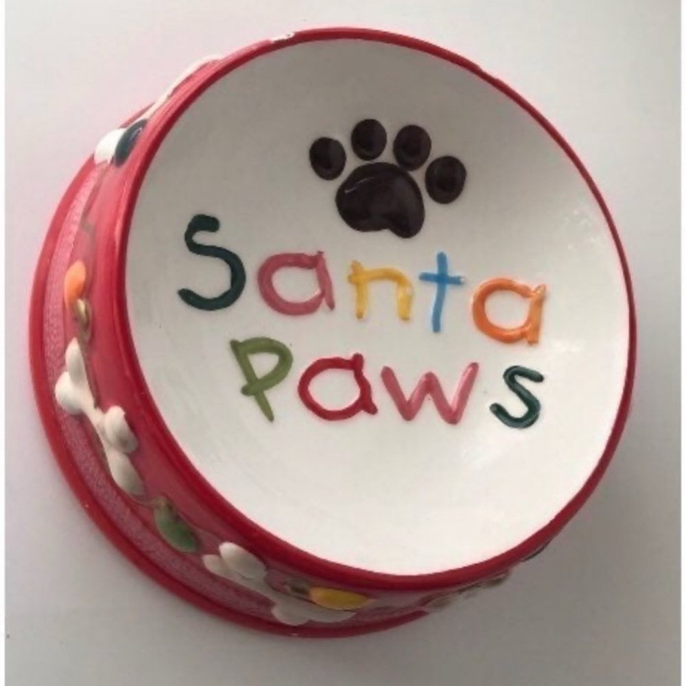 Santa Paws Ceramic Dog Bowl Red Green Holiday Pet Feeding Dish
